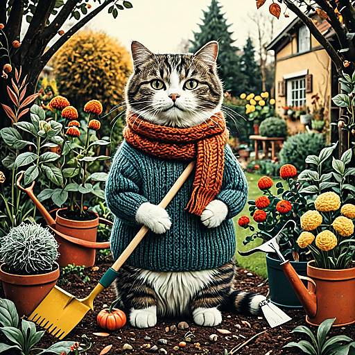 Vintage Cat Preparing Garden for Winter