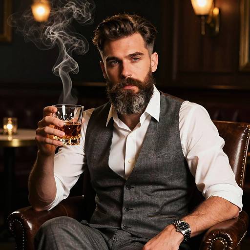 Photograph of a bearded man with dark hair, wearing a white shirt and gray vest, holding a glass of whiskey, with smoke curling upward