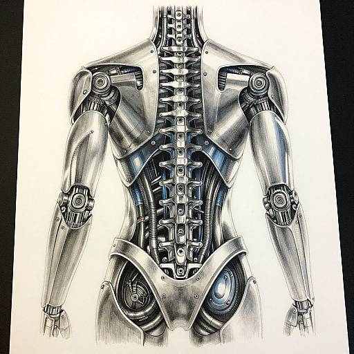 Detailed digital illustration of a humanoid robot with a skeletal spine, metallic limbs, and intricate mechanical joints, centered on a white background.