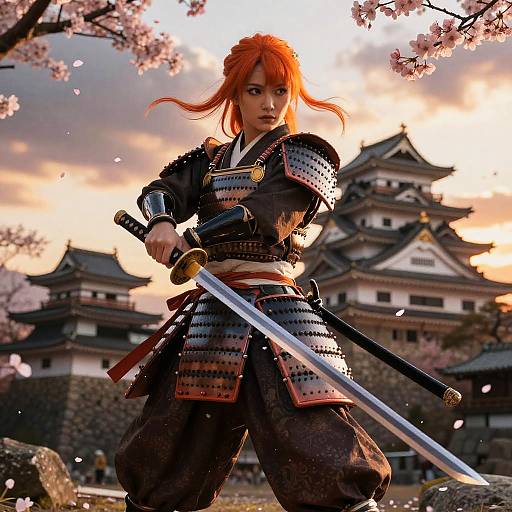 Digital artwork of a fierce red-haired samurai with armor, holding a sword, standing before a traditional Japanese castle with cherry blossoms.