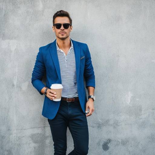 Stylish Man in Blue Blazer Holding Coffee