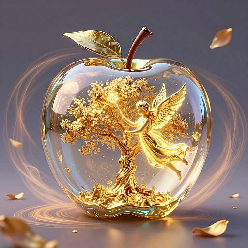 Digital artwork of a golden-winged fairy inside a glowing apple, surrounded by floating leaves and light trails, against a blue gradient background.