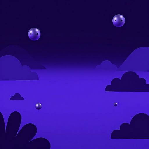 Digital art: Monochromatic blue sky with floating, expressionless white spheres and dark, simplistic clouds. Minimalist, surreal style.