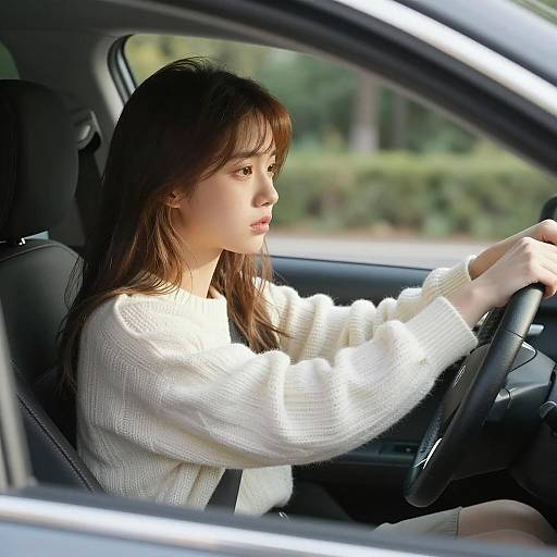 Concerned Woman Driving in Sunlit Forest