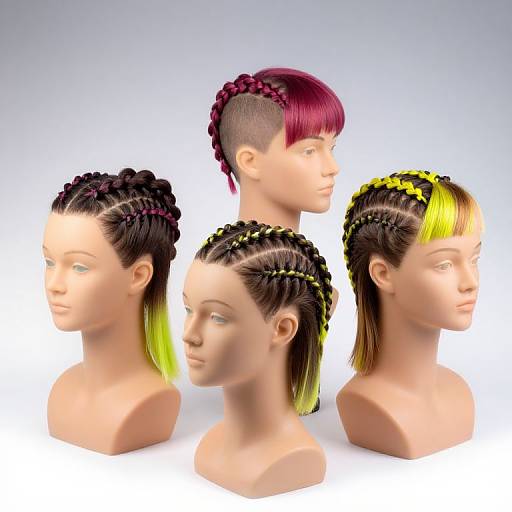 Photograph of five headless mannequin busts showcasing various colorful braided hairstyles: black, pink, yellow, green, and mixed. Background