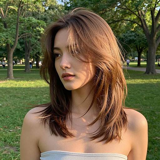 Photograph of a young woman with brown, shoulder-length hair, wearing a strapless white top, standing in a sunlit park with trees in the