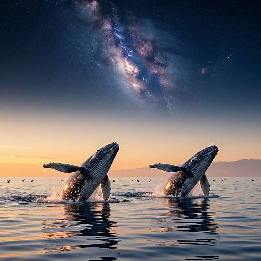 Photorealistic digital image of two humpback whales breaching the ocean surface at sunset, with the Milky Way visible in the night sky above.