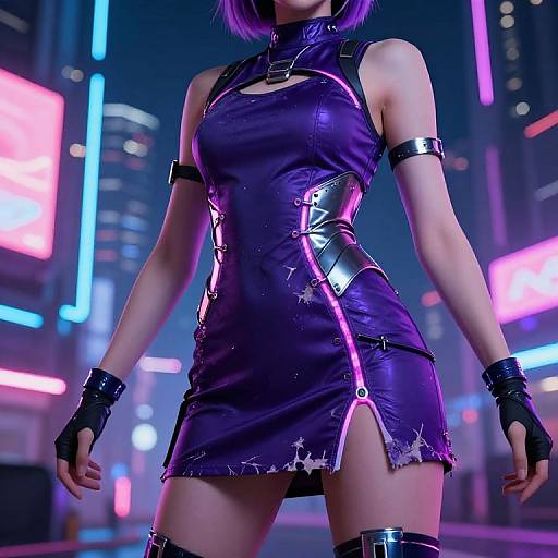 CGI image of a futuristic city at night, featuring a woman in a shiny, purple leather mini dress with metallic accents, black arm and wrist bands