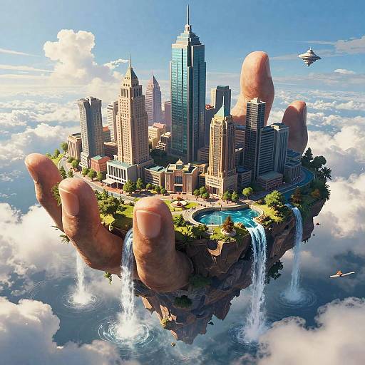 Digital artwork of a futuristic city on a floating hand above clouds, featuring tall skyscrapers, waterfalls, a pool, and flying islands.