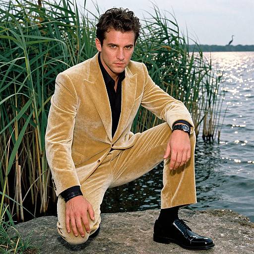 Confident Man in Gold Velvet Suit