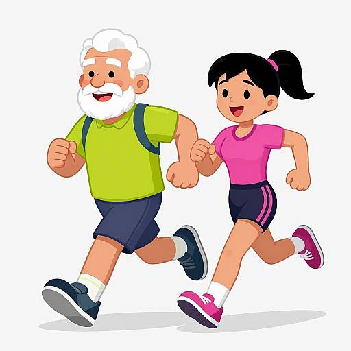 Cartoon illustration of an elderly man with white beard and green shirt, running with a young girl in pink shirt and black shorts. Both smiling, arms