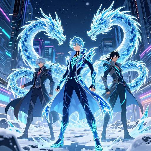 Digital anime artwork of three male characters in black coats with glowing blue accents, standing in a neon-lit city, flanked by two electric blue,
