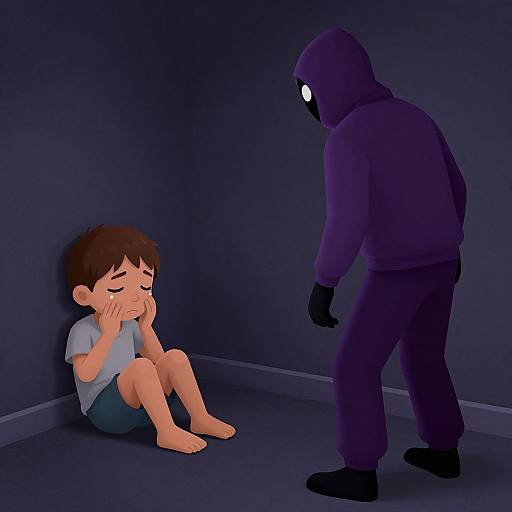 Digital illustration of a scared child with short brown hair, sitting in a dark corner, crying, facing a masked, hooded figure.