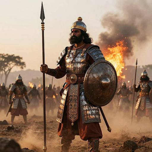Photograph of a bearded warrior in ancient silver armor, holding a spear and shield, standing amidst a blazing battlefield with fellow warriors and smoke-filled sky