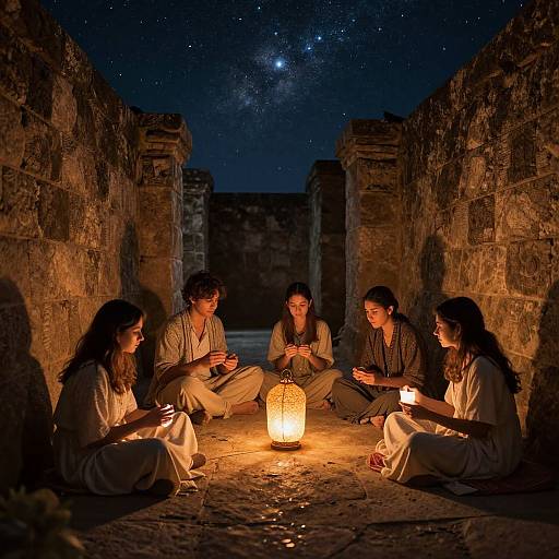 Photograph of five young adults, three women and two men, sitting in a stone courtyard at night, illuminated by a glowing lantern, starry sky