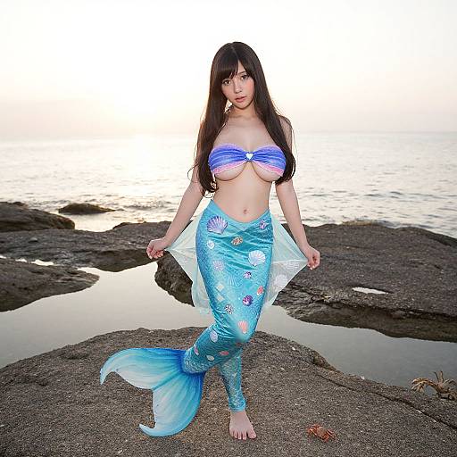 Photograph of an East Asian mermaid with long black hair, blue and white striped top, and sparkling blue tail, standing on rocky shore with calm