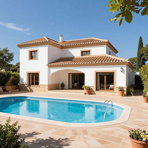 Photograph of a white, two-story Mediterranean-style house with terracotta roof tiles, featuring an oval-shaped blue swimming pool in the foreground. P