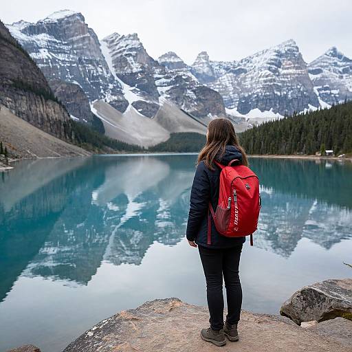 Photograph of a woman with brown hair, wearing a black jacket and red backpack, standing on a rock, facing a serene, snow-capped mountain