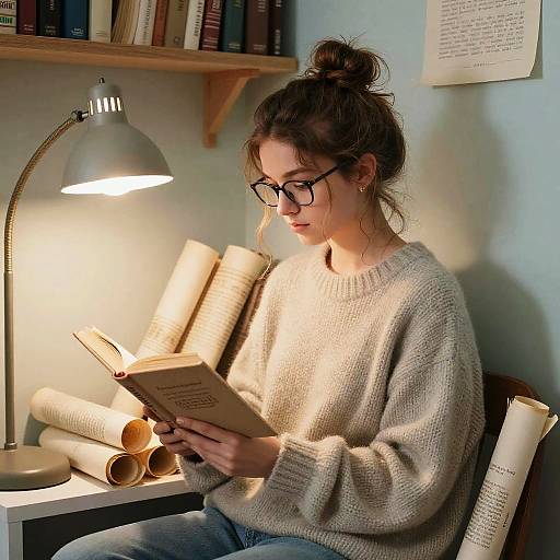 Nerdy Librarian Reading in Cozy Nook