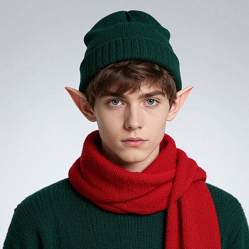 Photograph of a young white male elf with pointed ears, blue eyes, wearing a dark green knit hat and scarf, and a red scarf against a
