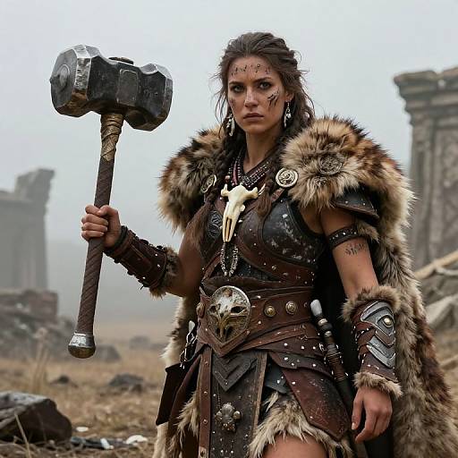 Photograph-style CGI of a fierce, tattooed woman in fur and leather armor holding a large, metal-headed hammer in a misty, ruined landscape