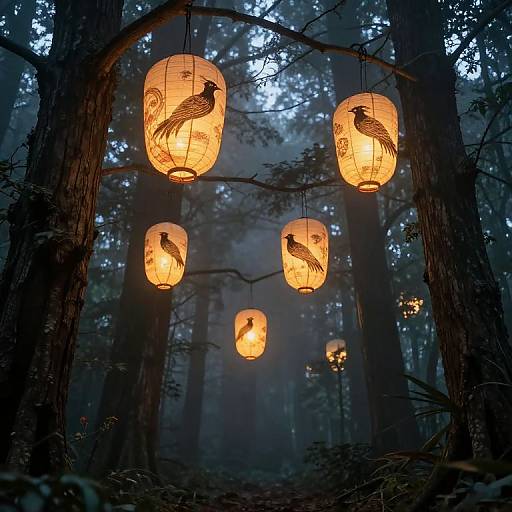 Photograph of glowing paper lanterns with bird designs hanging in a misty, dense forest at dusk, casting warm light amidst tall trees.