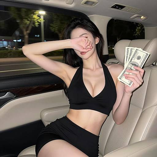 Woman in Car Holding Cash at Night