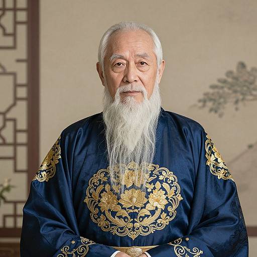 Photograph of an elderly Asian man with white hair and beard, wearing an ornate dark blue robe with gold floral embroidery, standing against a beige wall