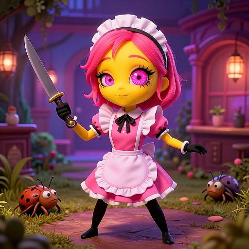 Chibi-style digital art: Pink-haired maid with glowing pink eyes holds knife, wearing pink and white dress, in whimsical garden at night.