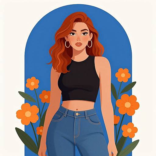Digital illustration of a red-haired woman with hoop earrings, wearing a black crop top and blue jeans, standing against a blue background with orange flowers.