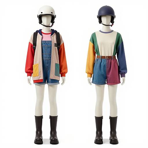 Photograph of two white mannequins, one with white helmet and colorful jacket, the other with navy helmet and multicolored romper,