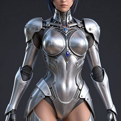 CGI image of a female warrior in shiny silver armor with blue gem accents, black hair, and exposed thighs, standing against a dark background.