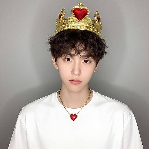 Digital portrait of an Asian teenage boy with short black hair, wearing a gold crown with a red heart, white shirt, and gold necklace with a red