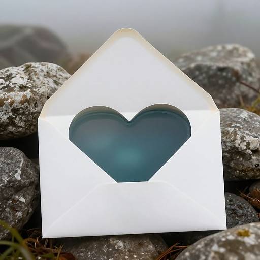 Photograph of a white, triangular card with a blue, heart-shaped cutout, placed on a pile of gray, moss-covered rocks.