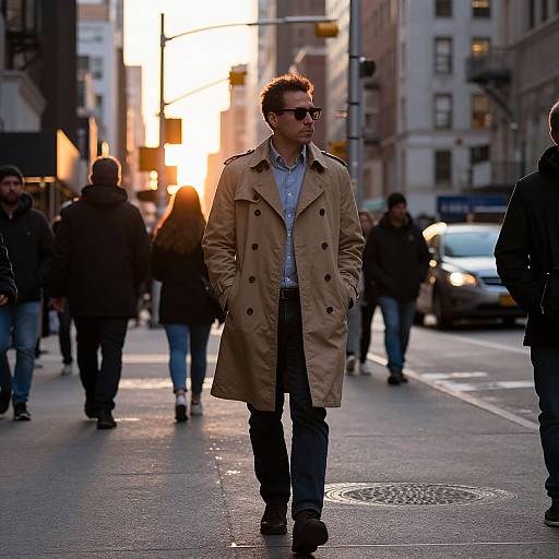 Photograph of a stylish man in a tan trench coat, sunglasses, and blue shirt walking in a busy urban street at sunset.