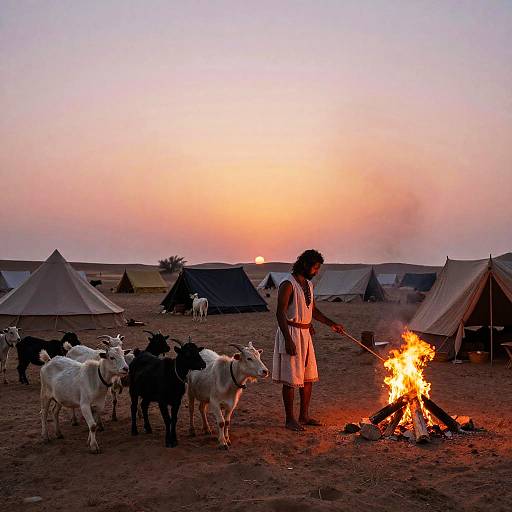 Photograph of a woman in a white dress cooking over a fire in a desert camp at sunset, with goats and tents in the background.