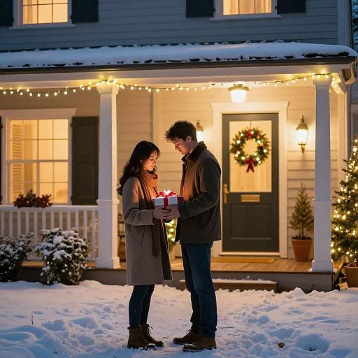 Photograph of a couple standing in snow, holding a gift, in front of a warmly lit, decorated, blue house porch at night.