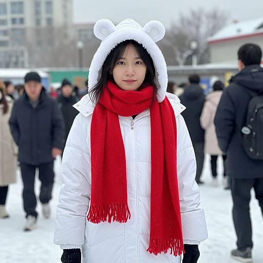 Photograph of an Asian woman with black hair in a white bear hooded coat and red scarf, standing in a snowy, crowded urban plaza.