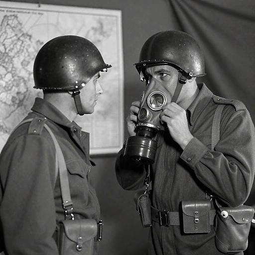 WWII Soldiers with Gas Mask in Black and White