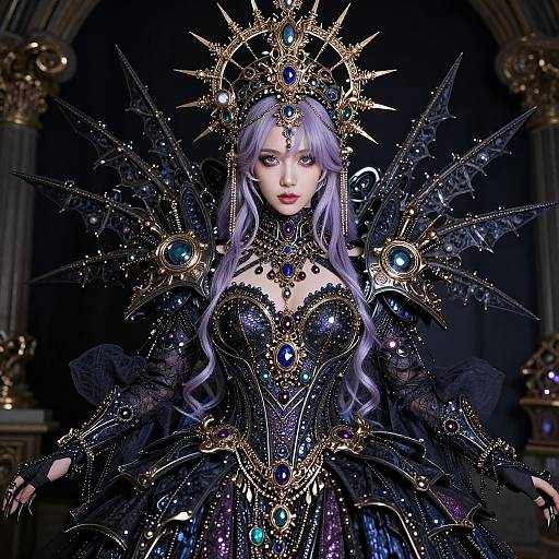 Digital artwork of a regal, pale-skinned woman with long lavender hair, wearing an elaborate black and gold crown adorned with blue gems, and an