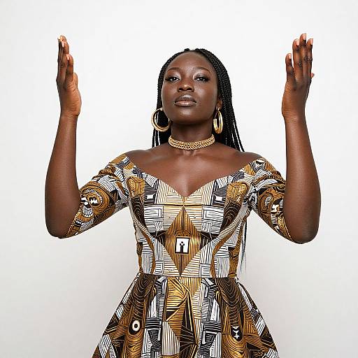 Photograph of a confident, dark-skinned African woman with braided hair, wearing an off-shoulder, geometric-patterned dress, gold ch