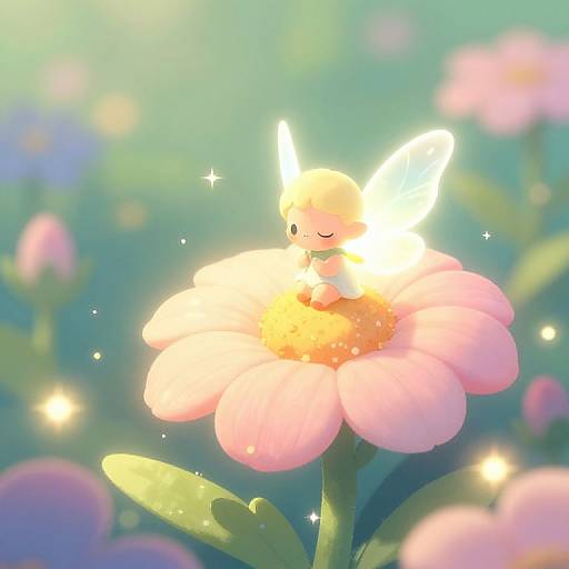 Cute digital illustration of a glowing, white fairy with closed eyes, sleeping on a pink flower with a radiant yellow center, surrounded by sparkling lights and