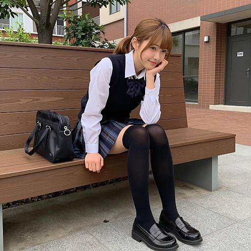 Cheerful Japanese Schoolgirl in Outdoors