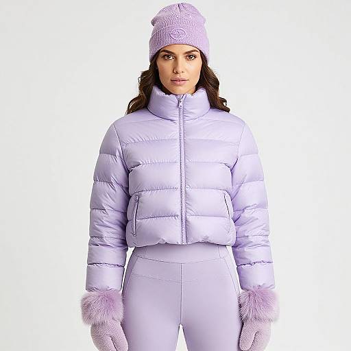 Photograph of a woman in a white puffy winter coat, matching white pants, and white knit hat with fur trim, standing against a plain white