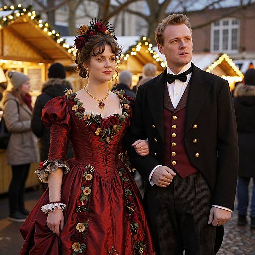 Photograph of a Victorian-era couple at a festive market, she in a red floral gown, he in a black vest and bow tie, both with