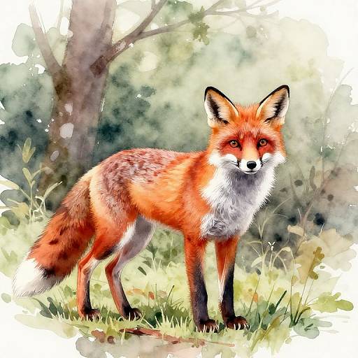 Watercolor painting of a vibrant red fox with white underbelly and black legs, standing alert in a sunlit forest.