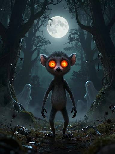 Spooky Stylized Lemur in Eerie Forest