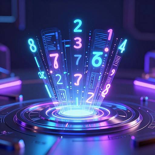 Neon blue and purple digital numbers 0-9 fan out from a glowing, circular holographic base on a futuristic table.