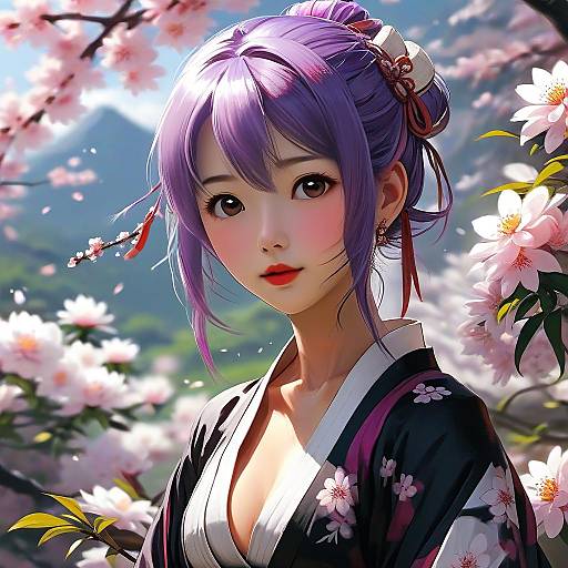 Digital anime-style portrait of a beautiful young Japanese woman with purple hair in an updo, wearing a black and white kimono, surrounded by blooming