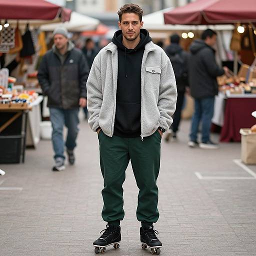 Photograph of a young man with short dark hair, wearing a gray fleece jacket, black hoodie, green pants, and black sneakers, standing on a